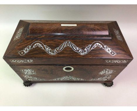 EARLY VICTORIAN ROSEWOOD TEA CADDY, with mother of pearl inlay of sarcophagus form34cm wide
