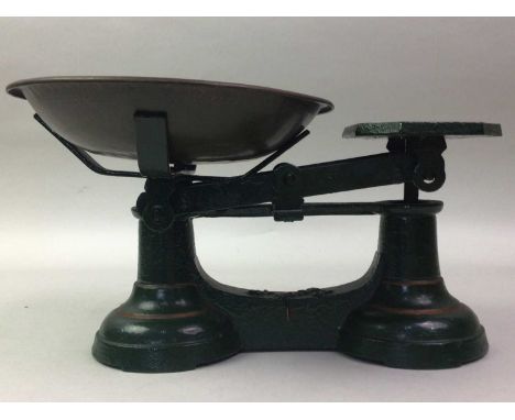 SET OF SCALES AND WEIGHTS, AND OTHER ITEMS  including a Tilley lamp, Carbide cycle lamp, an iron and thermometer