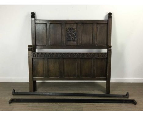 OAK BEDSTEAD, with carved panel138cm wide