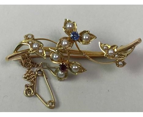 SEED PEARL AND GEM SET BAR BROOCH, marked 15CT