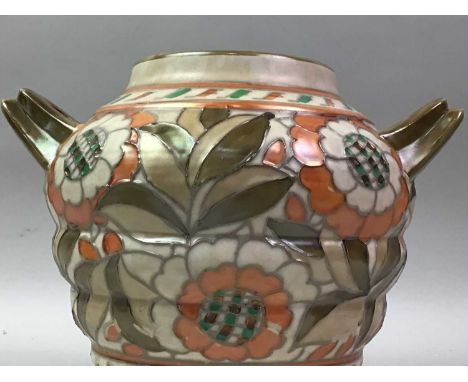 CHARLOTTE RHEAD TWIN HANDLED VASE, decorated with orange flowers19cm high