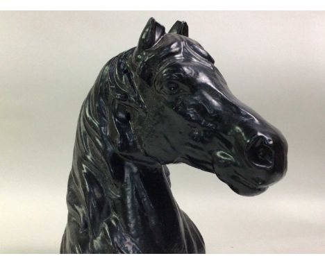 TWO VICTORIAN CAST IRON GATEPOST FINIALS, AND A BOOT SCRAPER both cast as horses, all black paintedthe larger finial 40cm hig