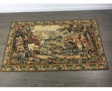 MACHINED TAPESTRY PANEL, depicting a hunting scene, with hanging bartapestry 119cm x 200cm 