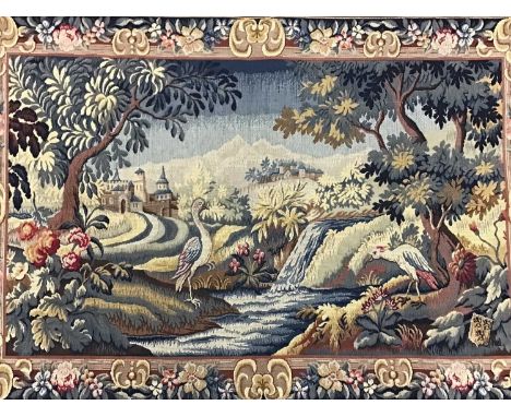 MACHINED TAPESTRY PANEL, decorated with two birds and trees with a floral border71cm x 104cm 