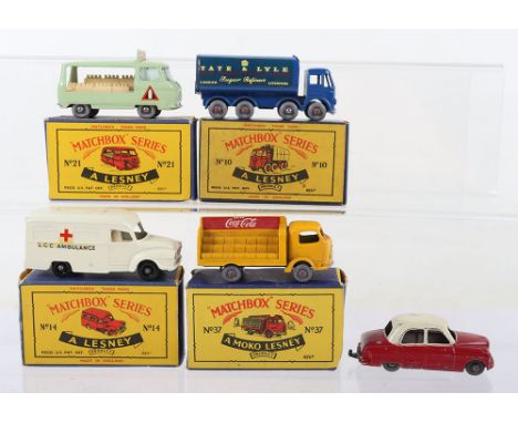 Four Boxed  Matchbox Lesney Regular Wheels Models,10c Sugar Container, dark blue body, no crown decal on rear, grey plastic w