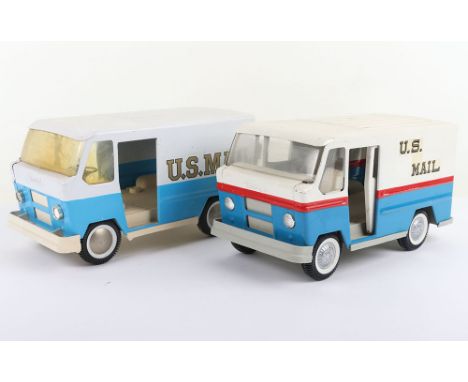 Two Buddy L U.S. Mail Trucks, pressed steel, blue/white/red body, plastic base, complete with all doors, in very good origina