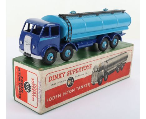 Boxed Dinky Supertoys 504 Foden 14 Ton Tanker, dark blue 1st type cab/chassis, mid blue back/ridged wheel hubs/side flash on 
