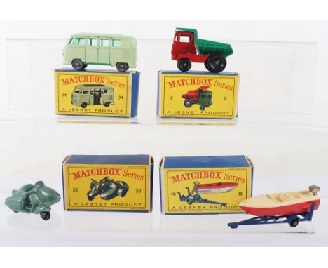 Four Boxed Matchbox Lesney Regular Wheels Models, 2c Muir Hill Dumper, red cab, green dump, black plastic wheels ”Laing” deca
