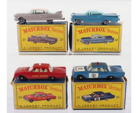 Four Boxed Matchbox Lesney Regular Wheels USA  Cars, 27c Cadillac Sixty Special, lilac body, pink roof, silver plastic wheels