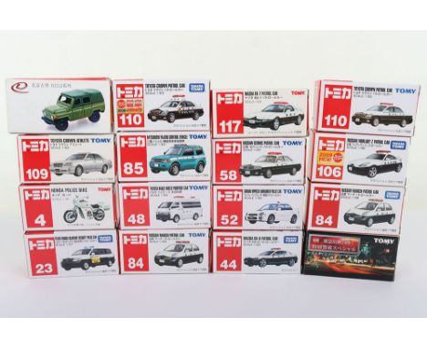 Fifteen Boxed Tomy/Takara Police Vehicles, 4 Honda Police Bike 1/34 scale, 23 Toyota Probox Voluntary Security Police Car 1/5
