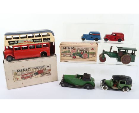 Quantity of Tri-ang Minics, including Steamroller, in original box, Pre-war Taxi, green/black, replacement white tyres, Post 