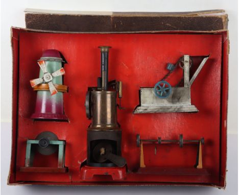 Boxed J.Falk vertical Steam engine and accessories, single cylinder engine with flywheel and single burner, chimney and four 