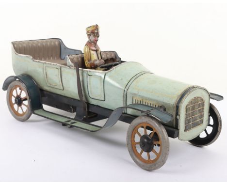 Bing tinplate clockwork Open-top Motor car, 1920s, finished in light blue with yellow lining, tinplate driver, running boards