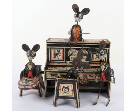 A Marx (England) Tinplate Clockwork Merrymakers Mouse Band,1930s,tinplate lithographed piano with seated playing mouse, seate