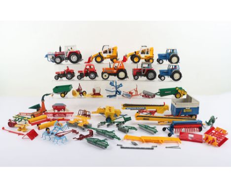 Vintage Britains Farm Tractors and Implements, including: 2 x 9519 JCB Loadall with attachments, 9520 Massey Ferguson Tractor