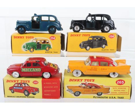 Four Dinky Toys Taxi Models, including:268 Renault Dauphine Mini Cab, red body, with Meccano-Kenwood-Britax-HP Baked Beans ad