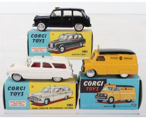 Three Vintage Boxed Corgi Toys, 408 Bedford AA Road Service Van, yellow/black, flat spun wheels, original Corgi number plates