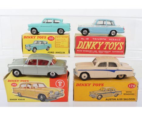 Four Boxed Dinky Toys British Cars, 145 Singer Vogue, metallic green body, red interior, spun wheels, in near mint original c