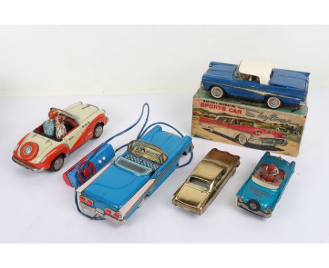 Five Japanese Tinplate USA Toy Cars, including, boxed Nomura Toys battery operated Ford Skyliner Sports Car, Approx L. 24cms,