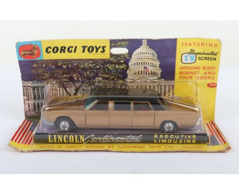 Vintage Corgi Toys 262 Lincoln Continental Executive Limousine, featuring illuminated T.V. screen, gold body, black roof, red