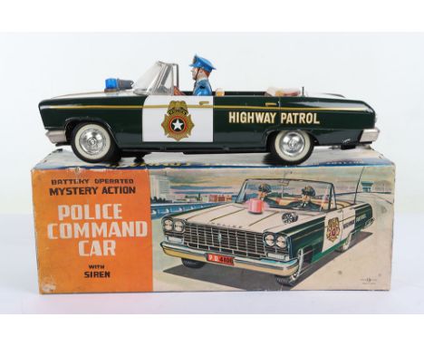 Nomura Toys (Japan) Tinplate Battery Operated Police Highway Patrol Command Car, green/white body, lithographed tinplate deta