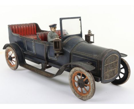 Large Bing tinplate clockwork Four-Seater Open Tourer Motor car, 1912-15, finished in dark blue with cream lining, running bo
