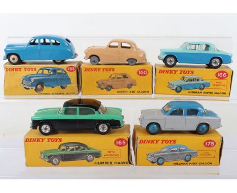 Five Boxed Dinky Toys British Cars, 153 Standard Vanguard dark blue, cream wheel hubs, box missing one end flap ,160 Austin A