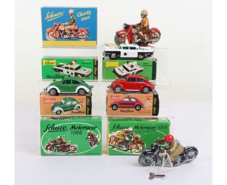 Schuco 1006 & 1005 Re issues Motorcycles and three Schuco Micro racers, 1039f Volkswagen Beetle fire chief, 1039p Volkswagen 