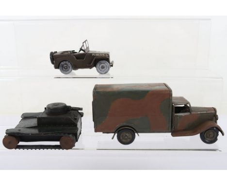 Tri-ang Minic Army models, 23M CF Army Luton van, good to fair working condition, 20M Army tank and 78M American Jeep, both g