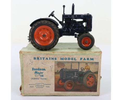 Britains No 128F Fordson Major Tractor dark blue body, orange wheel hubs, rubber tyres, missing driver in original box (Condi