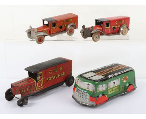 Three Tinplate Royal Mail Vans, including: German Penny Toys lithographed tinplate body, in red, with detail, four black tinp