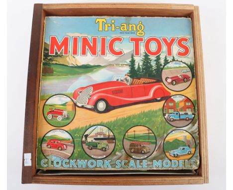 Tri-ang Minic Presentation Set No 2. Contains, Tinplate Vauxhall Cabriolet, Delivery Lorry, Dust Cart, Minic Racer No.1, Trac