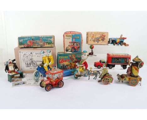 A Quantity of Tinplate Battery Operated/Clockwork Cowns, including: Japan Kashiwai Remote-Control battery-operated cyclist cl