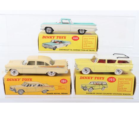 Three Dinky Toys USA Boxed Cars, 191 Dodge Royal Sedan, cream body, tan side flashes, silver trim, chrome spun hubs with whit