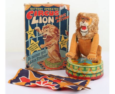 Rock Valley Toys (Japan) Battery Operated Circus Lion Magic Action, lithographed tin plate base plate, plush figure complete 