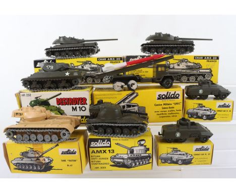 Eight Solido Boxed Military Models, 2 x 200 M.20 Combat Car, both missing aerials, 201 Unic Rocket launching army vehicle, (p