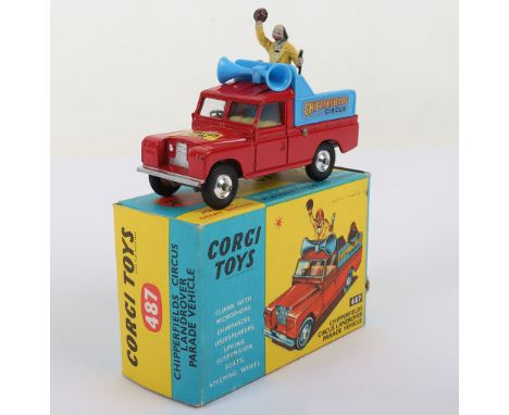 Vintage Corgi Toys 487 Chipperfield’s Circus Landrover Parade Vehicle, red body, yellow interior, blue plastic rear body, sha