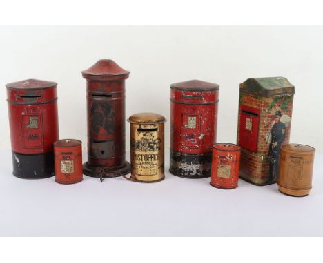 Eight Victorian Tinplate Boxes in The Shape of Letter Boxes, lithographed tin plate boxes, including: W Dunmore & Son Ltd Bis