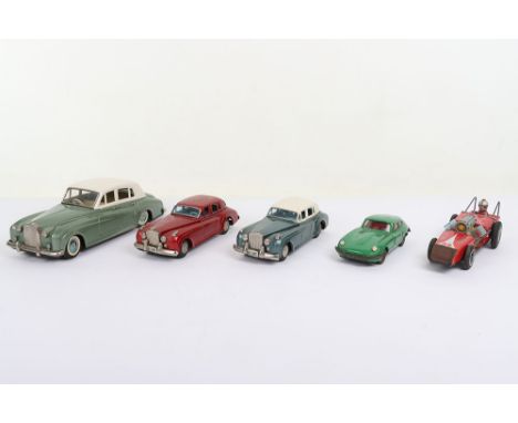 Five Tinplate Toy Cars, including Bandai Japan Rolls Royce Silver  Cloud, white roof repainted, metallic green body, missing 