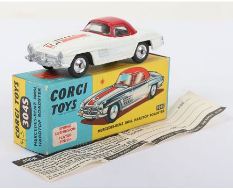 Scarce Vintage Corgi Toys 304S Mercedes Benz 300 SL Hardtop Roadster, white body, red hardtop, red stripe decal with no ‘7’ s
