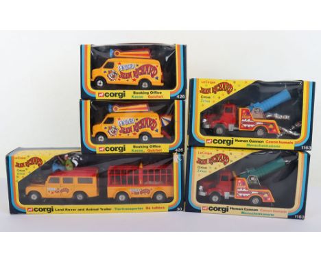 Corgi Toys Pinder Jean Richard Circus Models, set 30 Land Rover and Animal Trailer, 2 x 426 Booking Office models and 2 x 116
