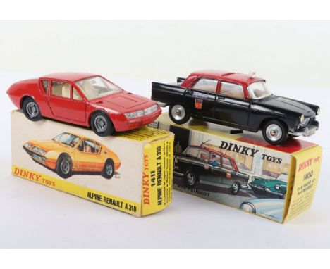 Vintage French Dinky Toys 1400 Taxi Radio G7 404 Peugeot, black body, red roof, jewelled headlights, in near mint original co