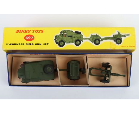 Dinky Toys 697 Military 25-Pounder Field Gun Set contains 688 Field Artillery Tractor with windows,687 Ammunition Trailer and