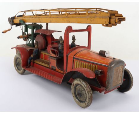 A Gunthermann (Germany) Tinplate Clockwork Extending Ladder Fire Truck, circa 1930s, lithographed in red, with yellow and bla