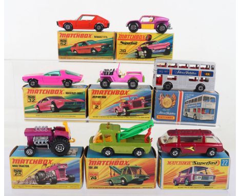Eight Matchbox Superfast 1970's boxed models including 2b Jeep Hot Rod, 17b Silver Jubilee Londoner Bus, 25b Mod Tractor and 
