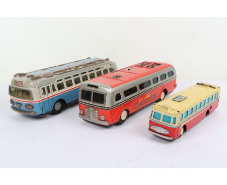 Three Large Tinplate Coaches/Buses, Masudaya Modern Toys Japan, Sonicon Bus,red/silver/litho body, rear bumper loose, missing