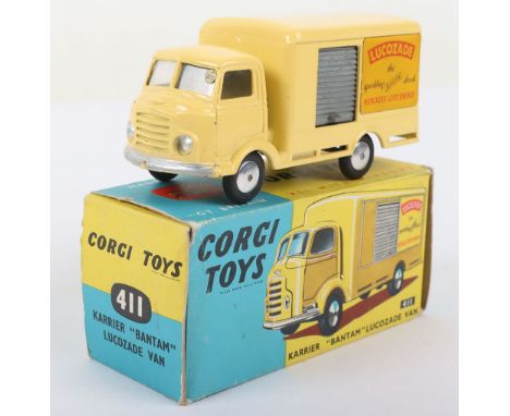 Vintage Corgi Toys 411 Karrier “Bantam” Lucozade Van, pale yellow body, flat spun wheels, in near mint original condition, so