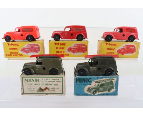 Five Tri-ang Minic Royal Mail/Post office Telephones Vans, plastic bodies, working clockwork mechanisms, one original key, th