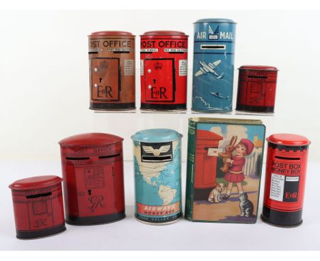 Nine Chad Valley Tinplate Money Boxes, lithographed tin, including Air Mail, Airways Money Box, two EIIR Post Office letter m
