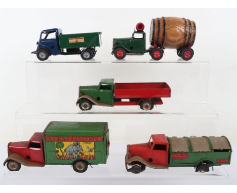 Five Tri-ang Minic Tinplate Clockwork Vehicles, 117M Watneys Barrel lorry, with working clockwork mechanism, green cab with r
